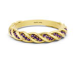 Twisted Pavé Round Amethyst Eternity Band in Yellow gold with Shared Prong Setting