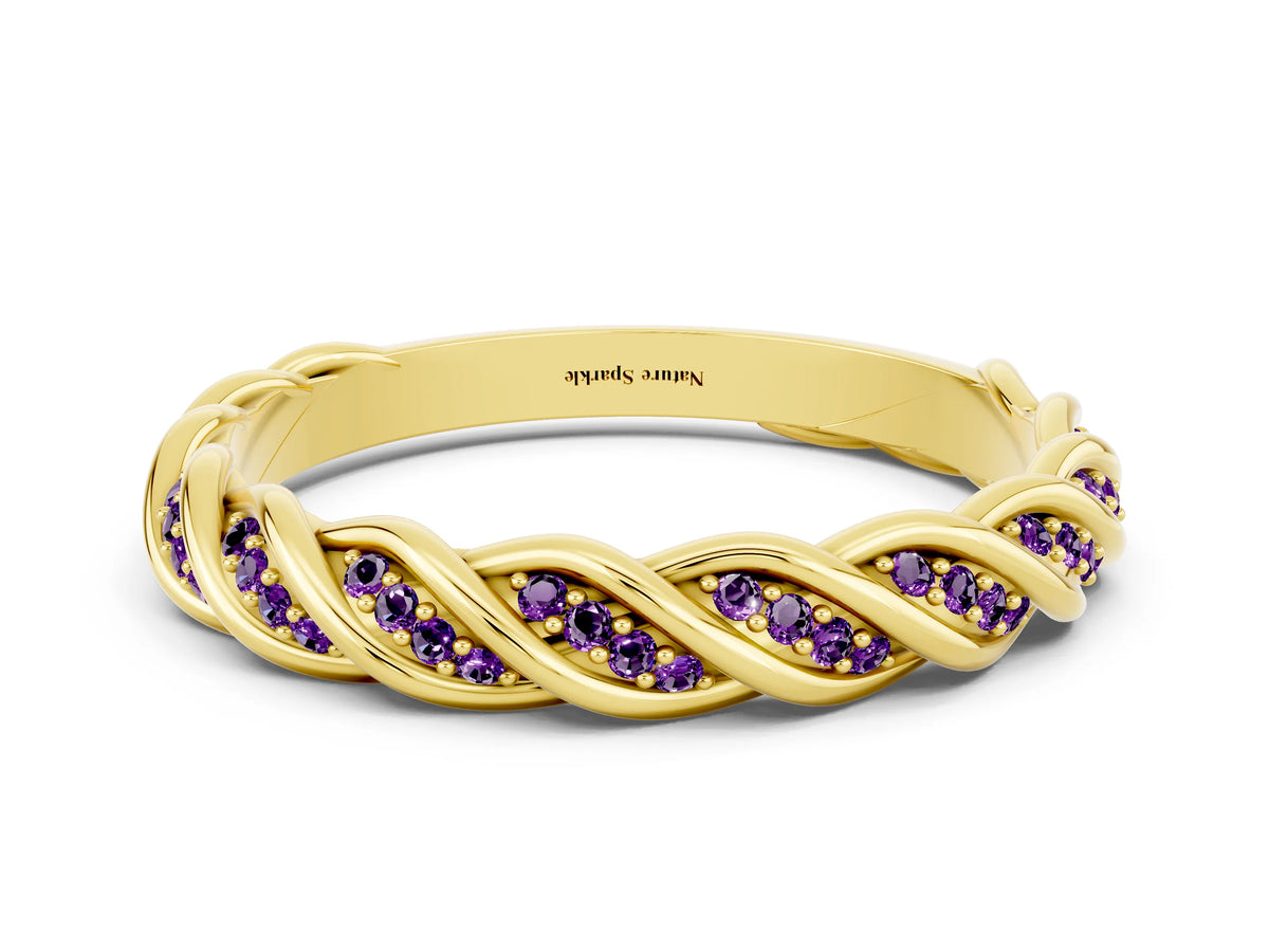 Twisted Pavé Round Amethyst Eternity Band in Yellow gold with Shared Prong Setting