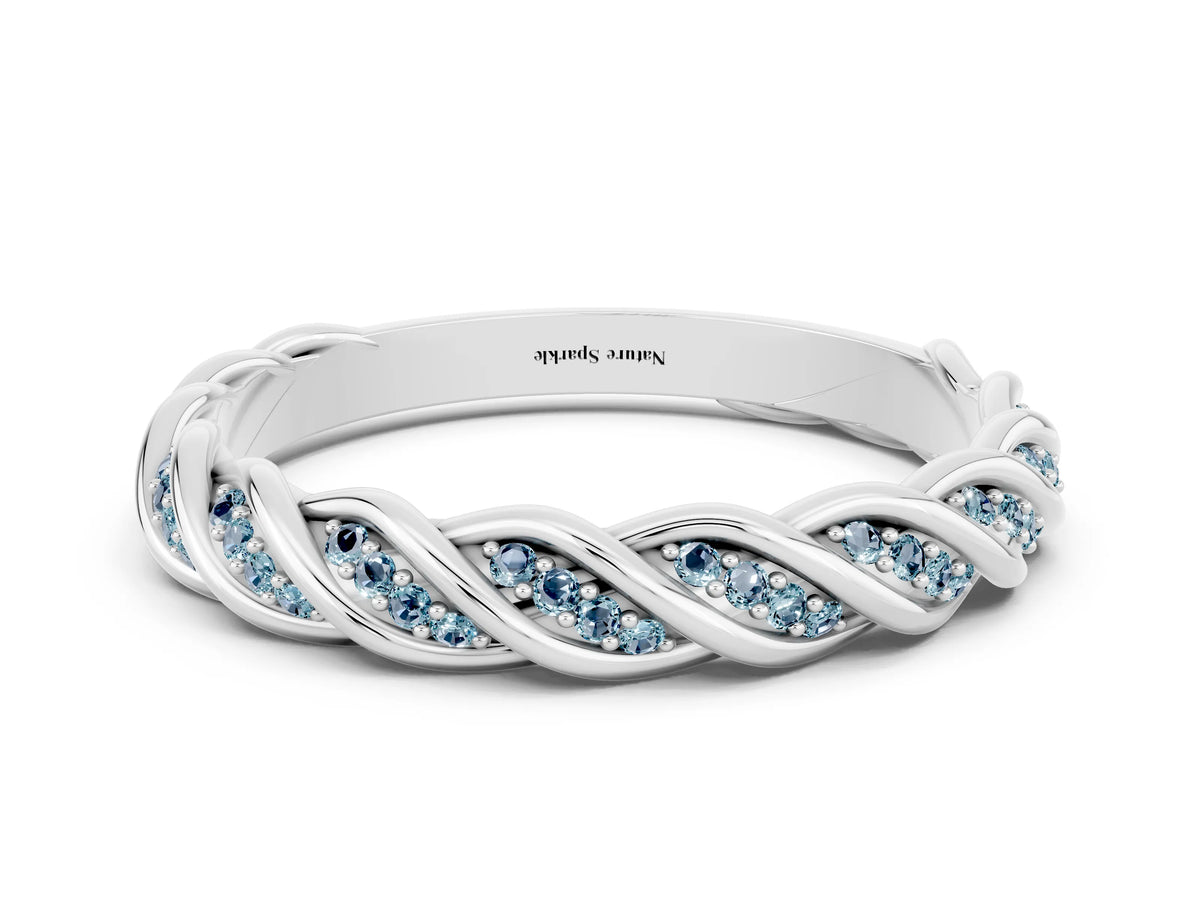 Twisted Pavé Round Aquamarine Eternity Band in Platinum with Shared Prong Setting