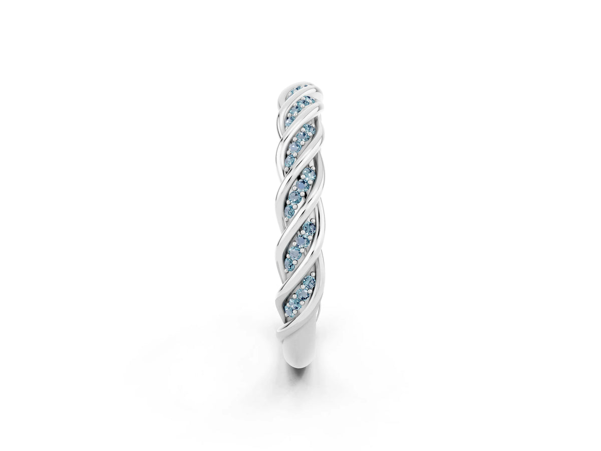 Twisted Pavé Round Aquamarine Eternity Band in Platinum with Shared Prong Setting_2