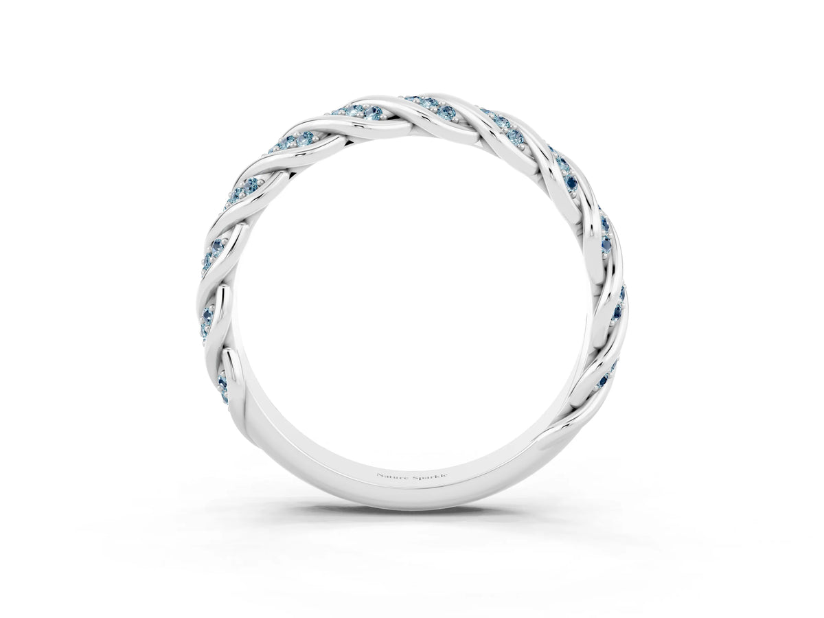 Twisted Pavé Round Aquamarine Eternity Band in Platinum with Shared Prong Setting_3
