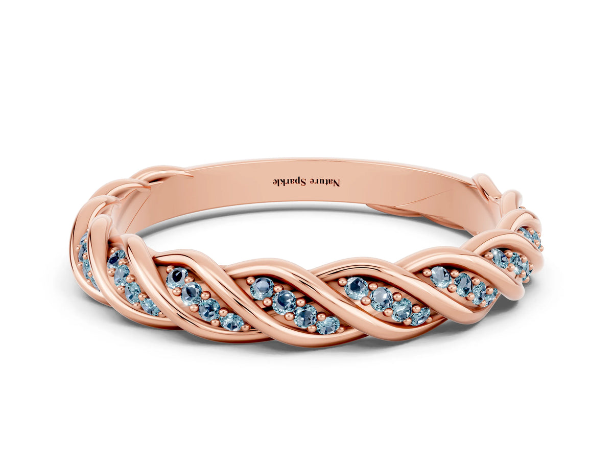 Twisted Pavé Round Aquamarine Eternity Band in Rose gold with Shared Prong Setting