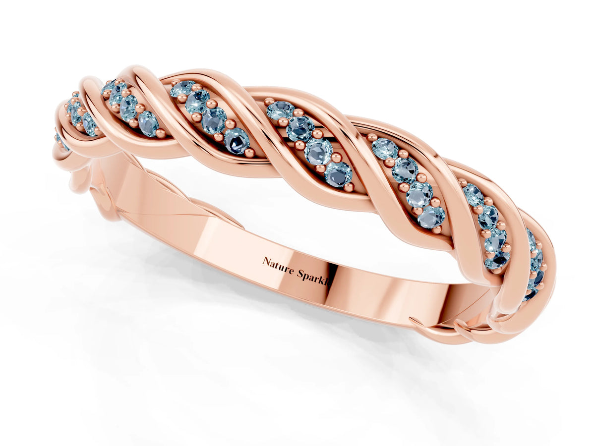 Twisted Pavé Round Aquamarine Eternity Band in Rose gold with Shared Prong Setting_1