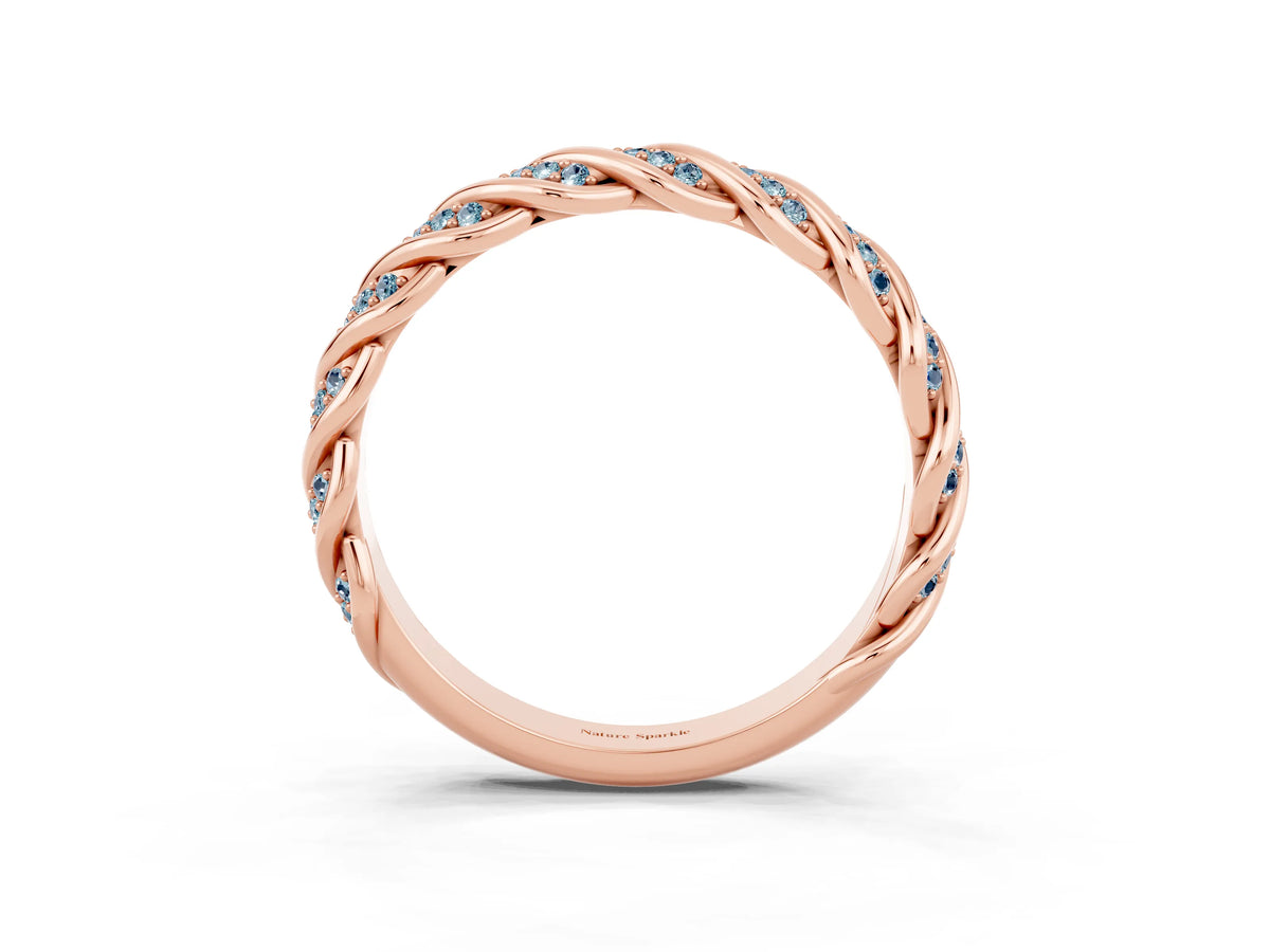 Twisted Pavé Round Aquamarine Eternity Band in Rose gold with Shared Prong Setting_3