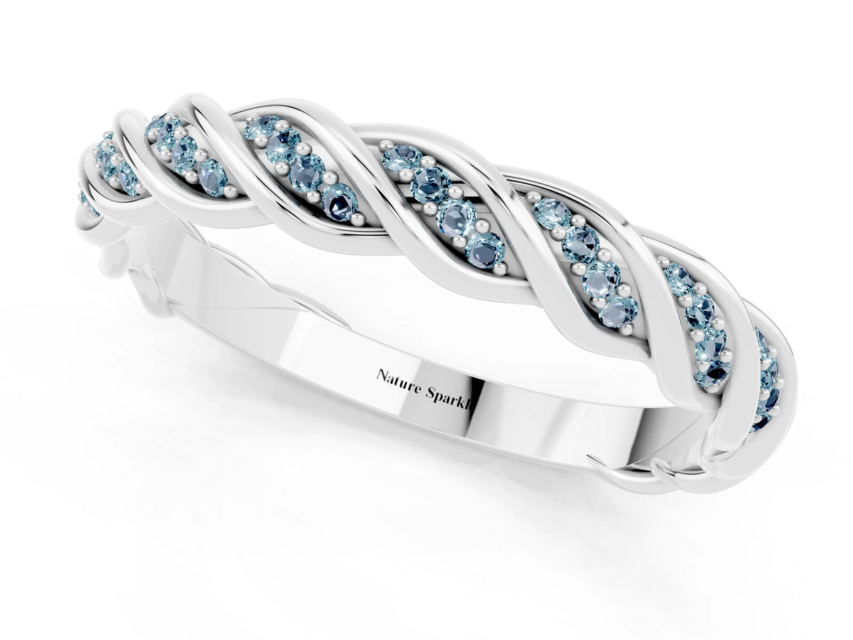 Twisted Pavé Round Aquamarine Eternity Band in Silver with Shared Prong Setting_1