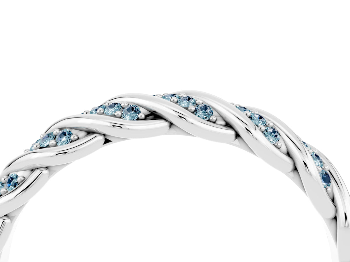 Twisted Pavé Round Aquamarine Eternity Band in White gold with Shared Prong Setting_4