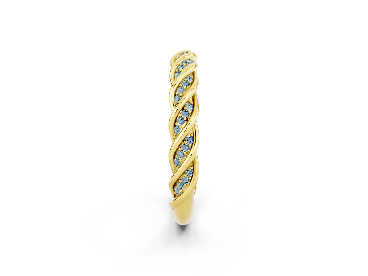 Twisted Pavé Round Aquamarine Eternity Band in Yellow gold with Shared Prong Setting_2
