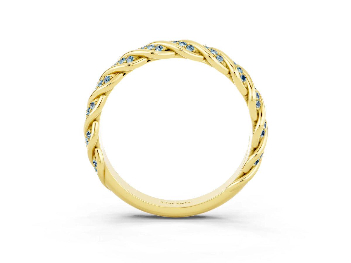 Twisted Pavé Round Aquamarine Eternity Band in Yellow gold with Shared Prong Setting_3