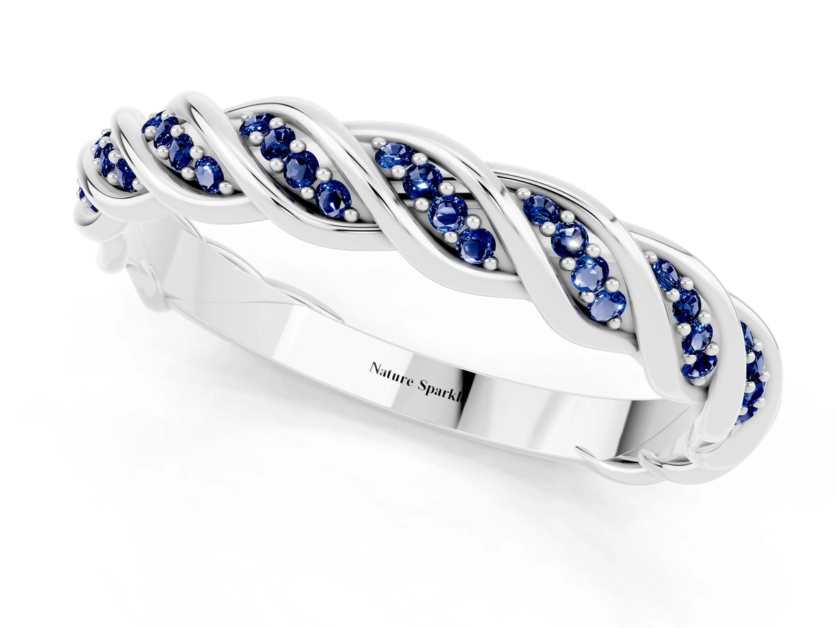 Twisted Pavé Round Blue Sapphire Eternity Band in Platinum with Shared Prong Setting_1