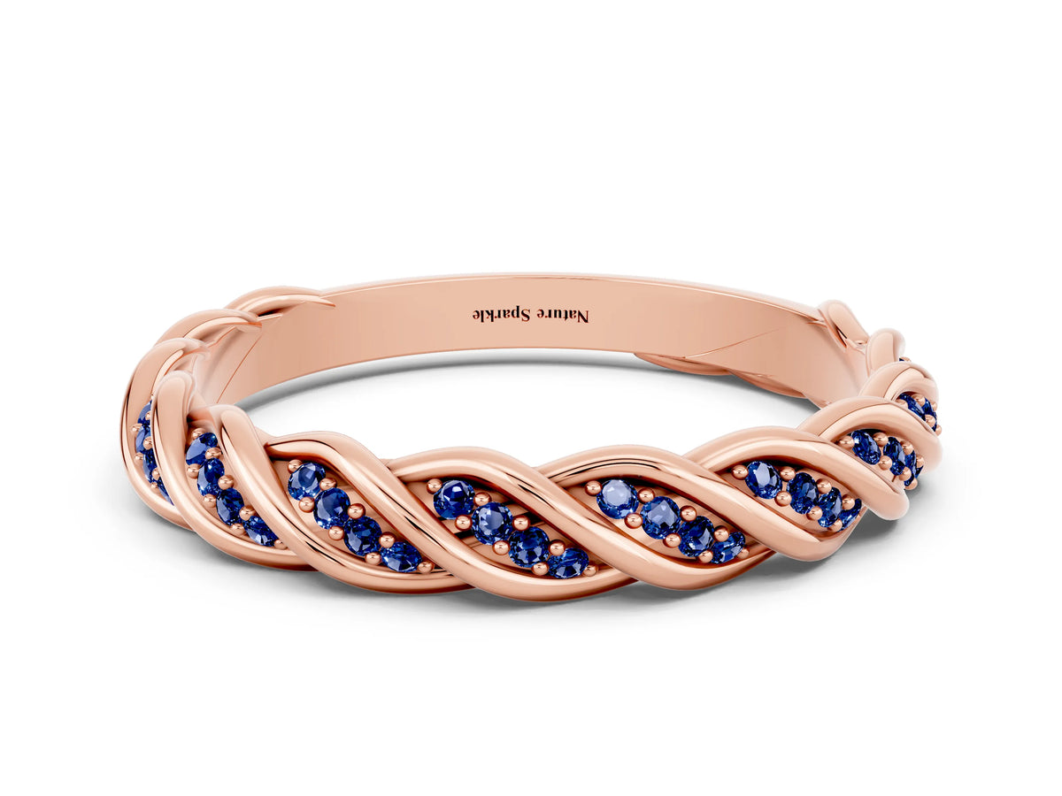 Twisted Pavé Round Blue Sapphire Eternity Band in Rose gold with Shared Prong Setting