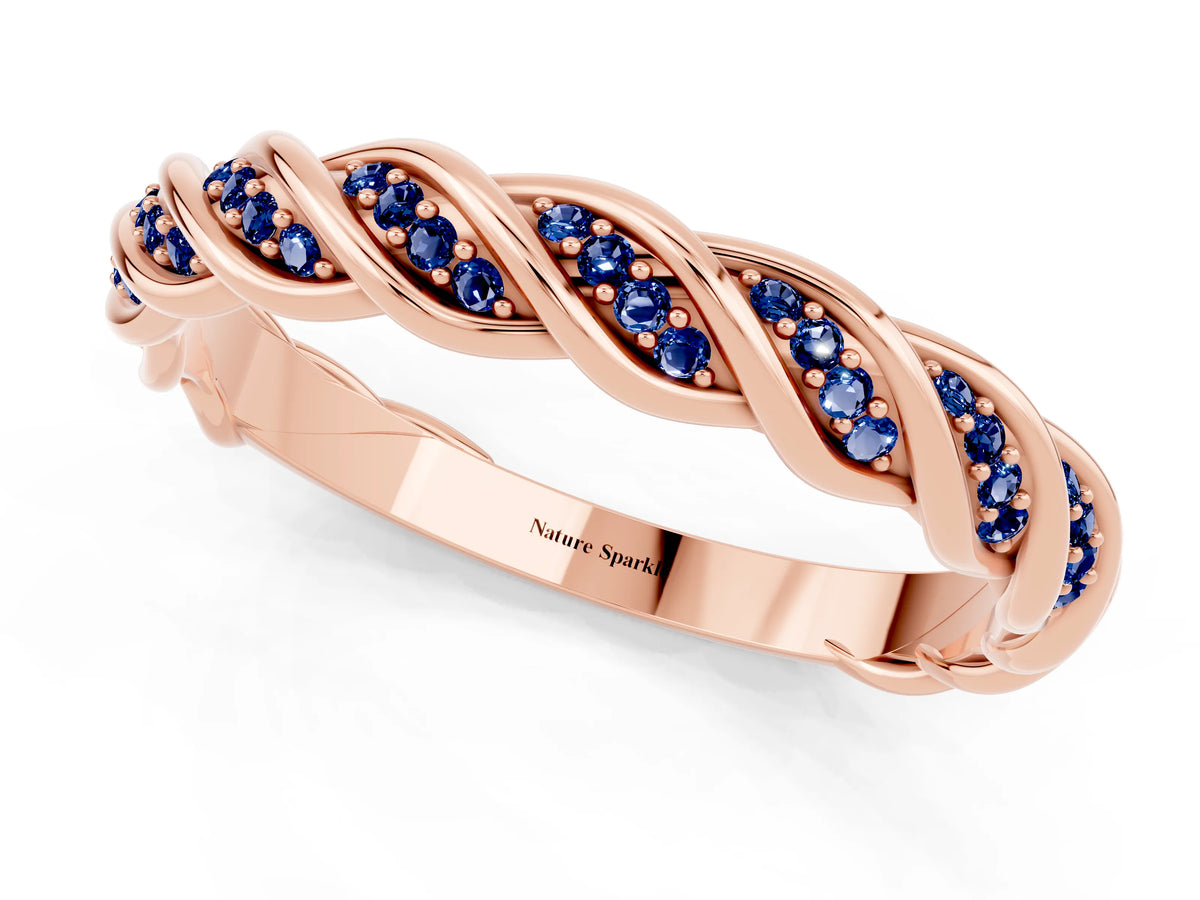 Twisted Pavé Round Blue Sapphire Eternity Band in Rose gold with Shared Prong Setting_1