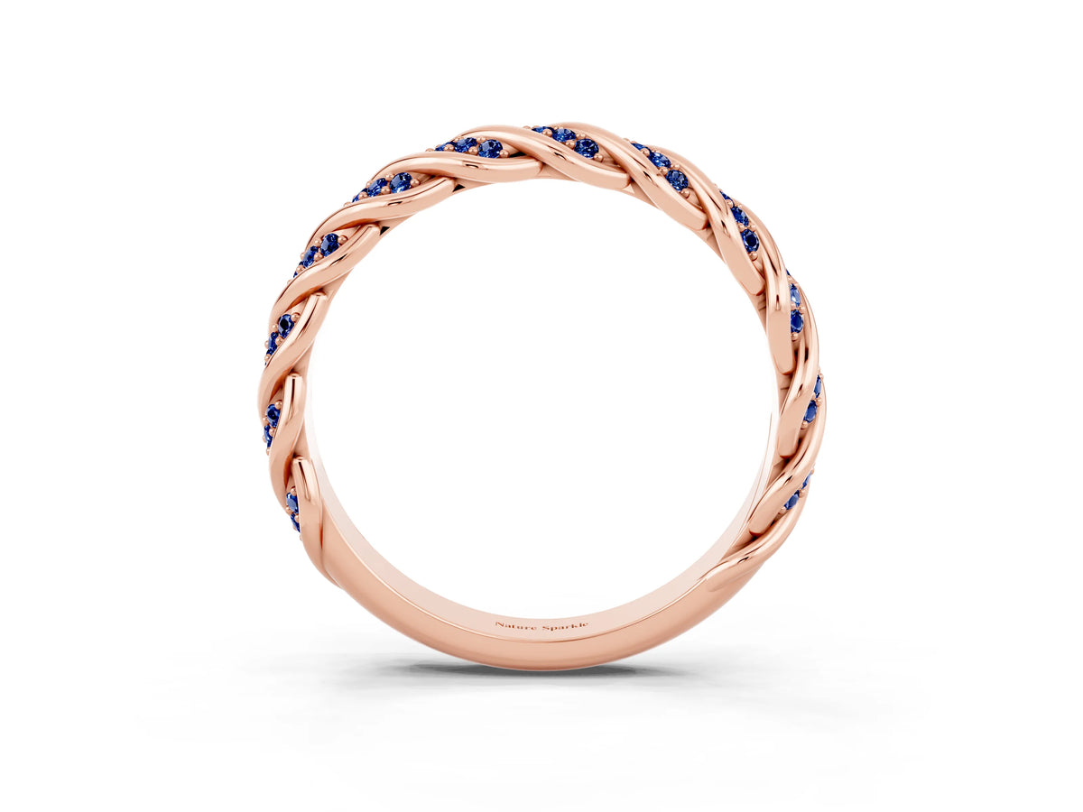 Twisted Pavé Round Blue Sapphire Eternity Band in Rose gold with Shared Prong Setting_3