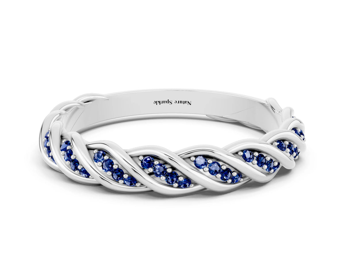 Twisted Pavé Round Blue Sapphire Eternity Band in Silver with Shared Prong Setting