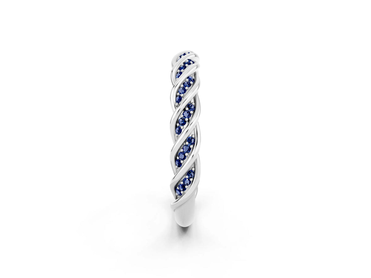 Twisted Pavé Round Blue Sapphire Eternity Band in Silver with Shared Prong Setting_2