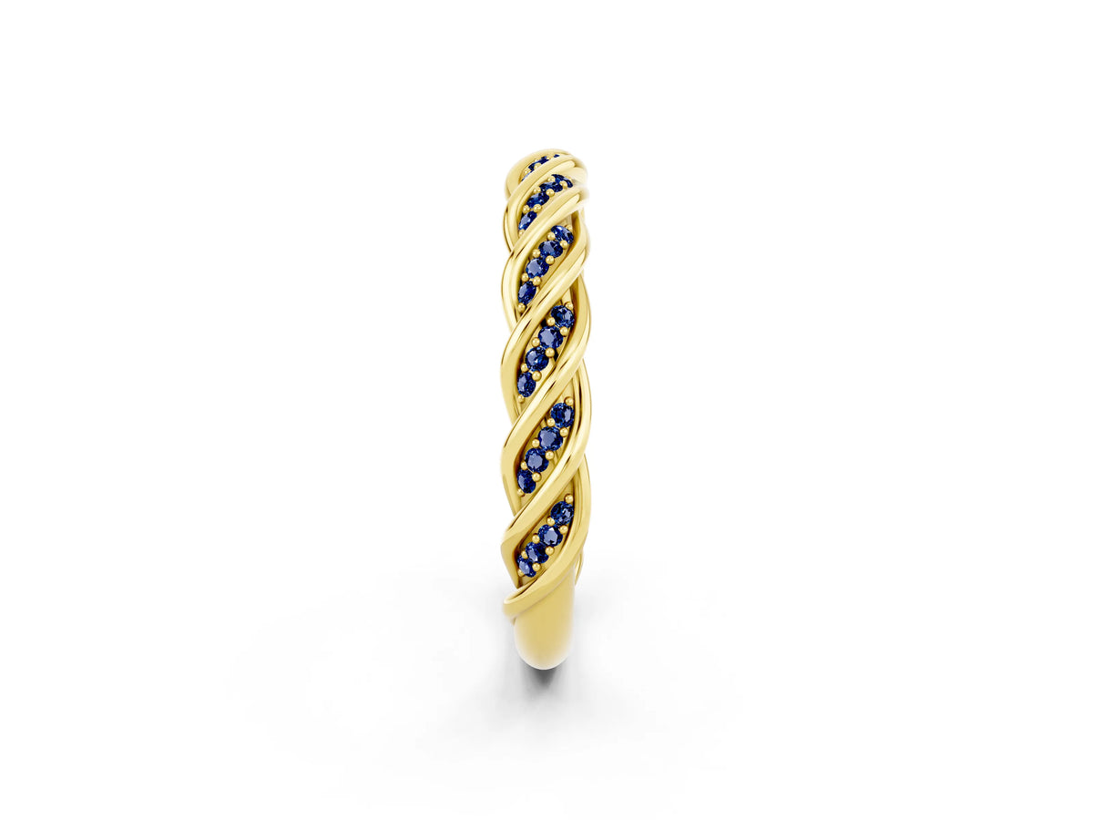 Twisted Pavé Round Blue Sapphire Eternity Band in Yellow gold with Shared Prong Setting_2