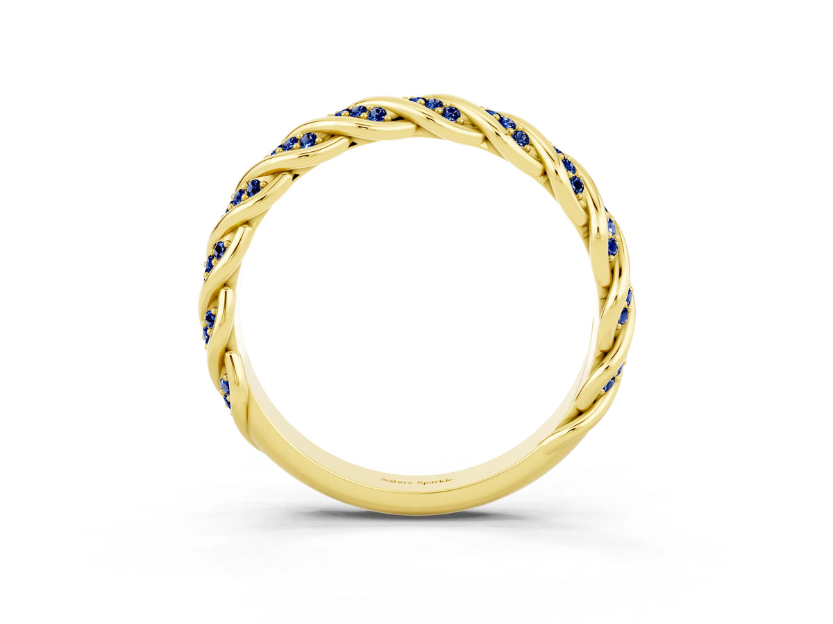 Twisted Pavé Round Blue Sapphire Eternity Band in Yellow gold with Shared Prong Setting_3