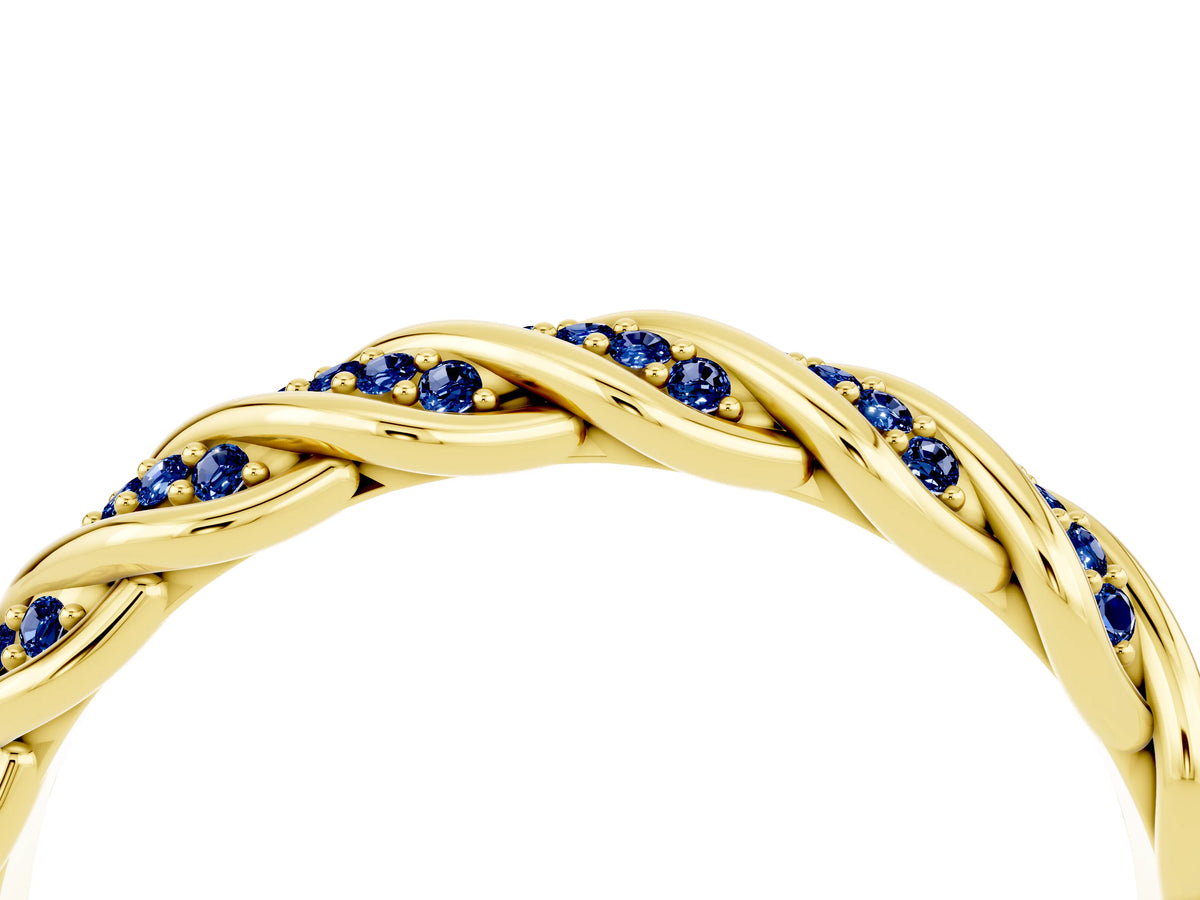 Twisted Pavé Round Blue Sapphire Eternity Band in Yellow gold with Shared Prong Setting_4