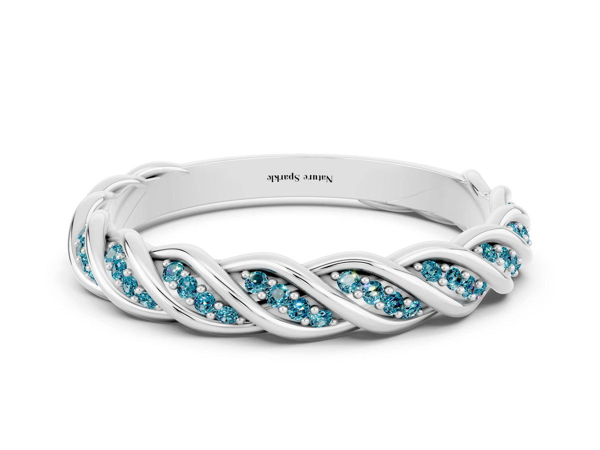 Twisted Pavé Round Blue Topaz Eternity Band in Silver with Shared Prong Setting