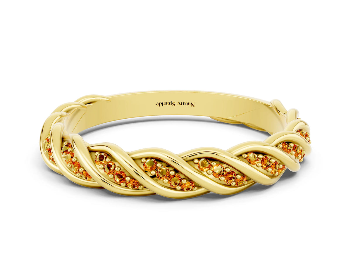Twisted Pavé Round Citrine Eternity Band in Yellow gold with Shared Prong Setting