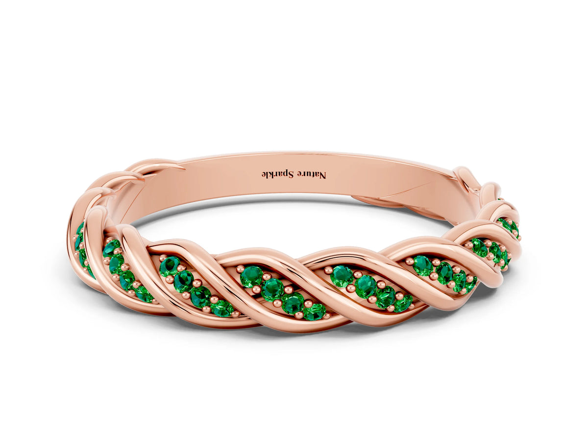 Twisted Pavé Round Emerald Eternity Band in Rose gold with Shared Prong Setting
