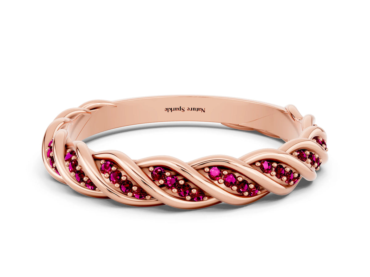 Twisted Pavé Round Garnet Eternity Band in Rose gold with Shared Prong Setting