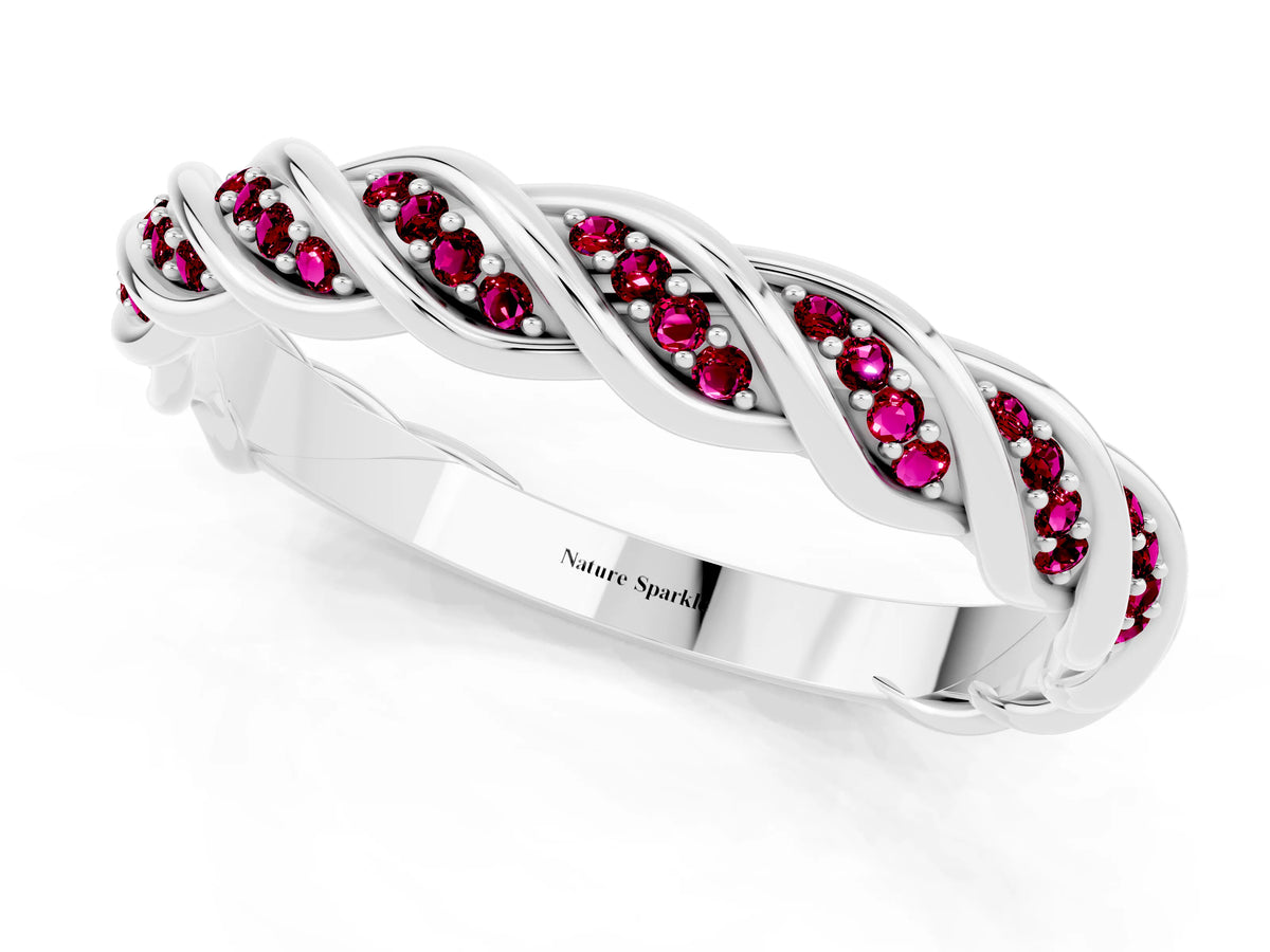 Twisted Pavé Round Garnet Eternity Band in Silver with Shared Prong Setting_1