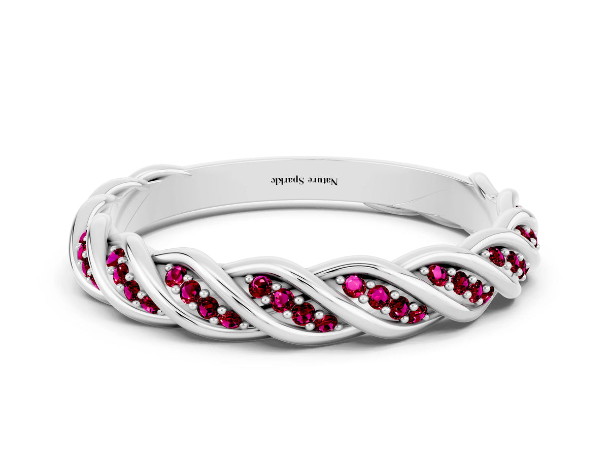 Twisted Pavé Round Garnet Eternity Band in White gold with Shared Prong Setting