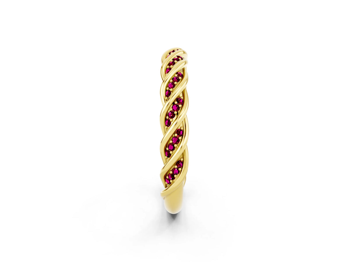 Twisted Pavé Round Garnet Eternity Band in Yellow gold with Shared Prong Setting_2