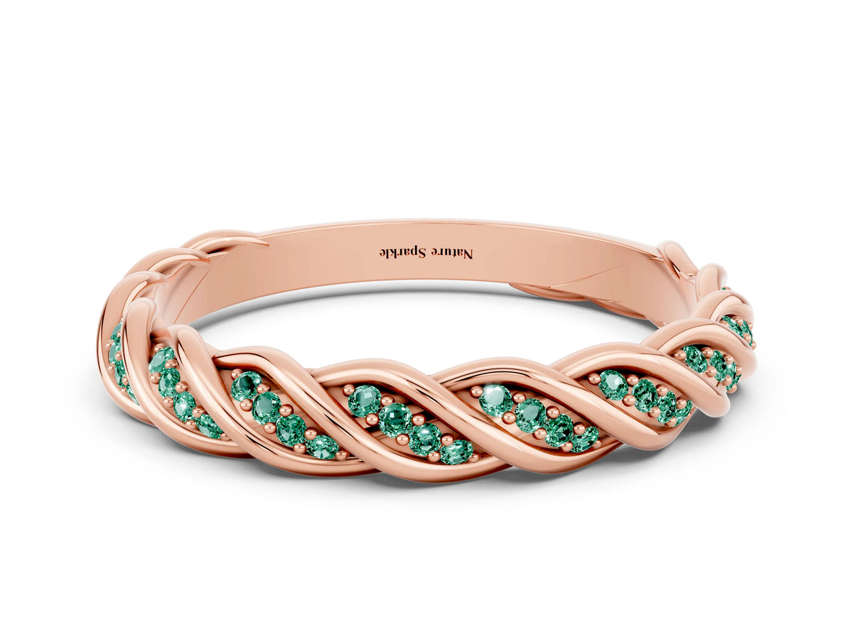 Twisted Pavé Round Green Sapphire Eternity Band in Rose gold with Shared Prong Setting