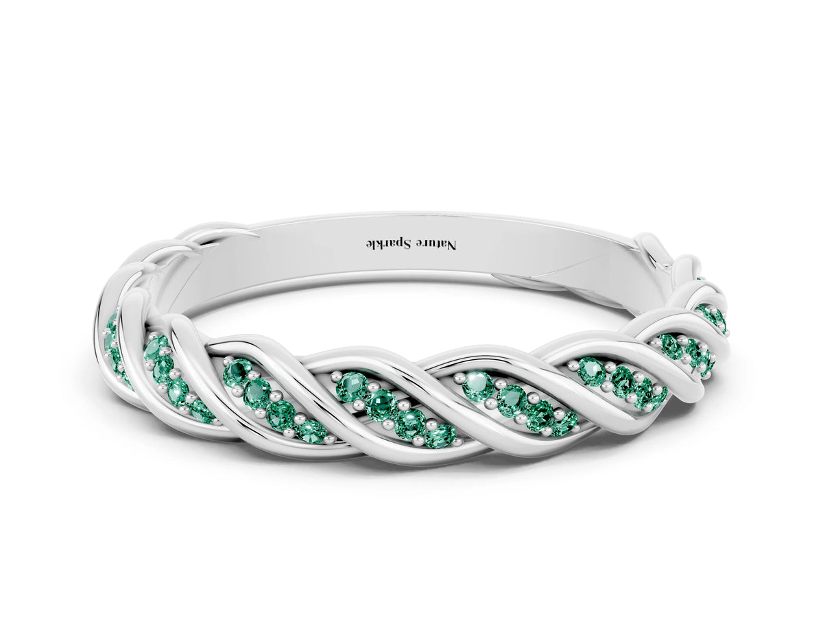 Twisted Pavé Round Green Sapphire Eternity Band in Silver with Shared Prong Setting