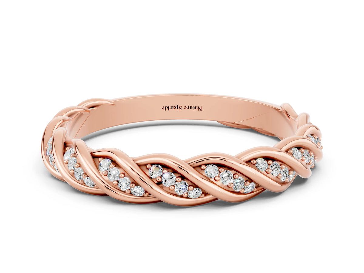 Twisted Pavé Round Moissanite Eternity Band in Rose gold with Shared Prong Setting