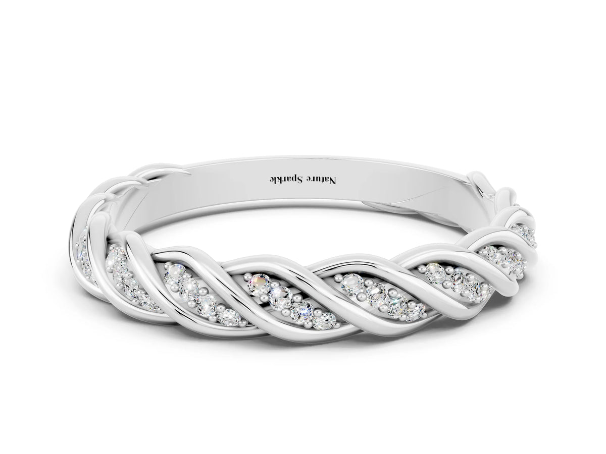 Twisted Pavé Round Moissanite Eternity Band in White gold with Shared Prong Setting