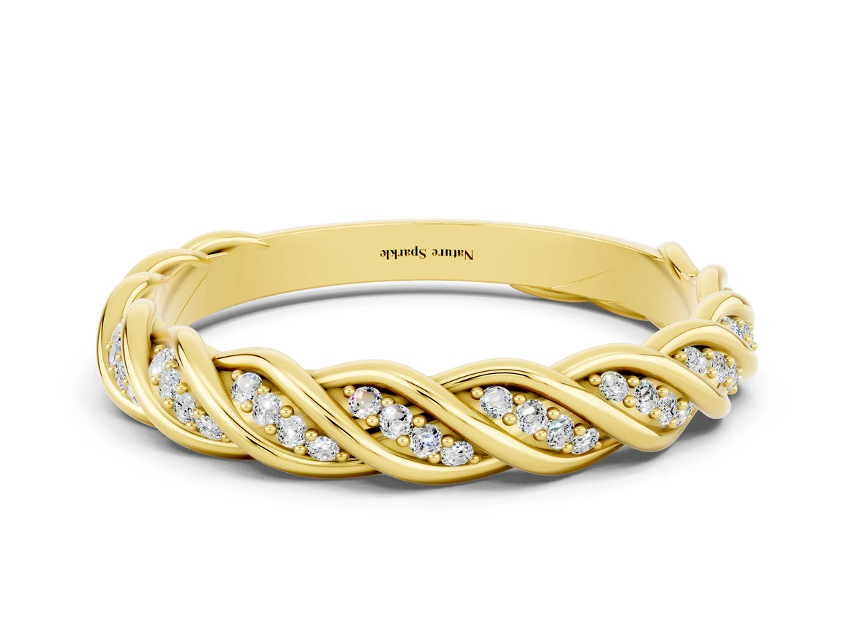 Twisted Pavé Round Moissanite Eternity Band in Yellow gold with Shared Prong Setting