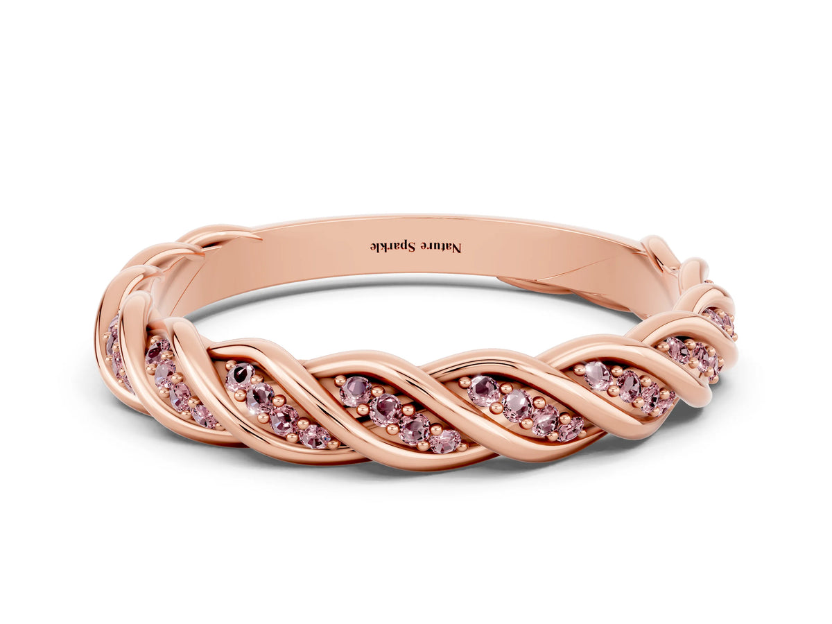 Twisted Pavé Round Morganite Eternity Band in Rose gold with Shared Prong Setting