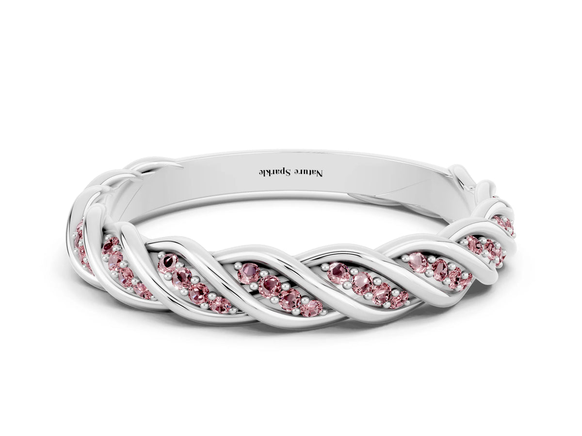 Twisted Pavé Round Morganite Eternity Band in Silver with Shared Prong Setting