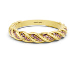Twisted Pavé Round Morganite Eternity Band in Yellow gold with Shared Prong Setting