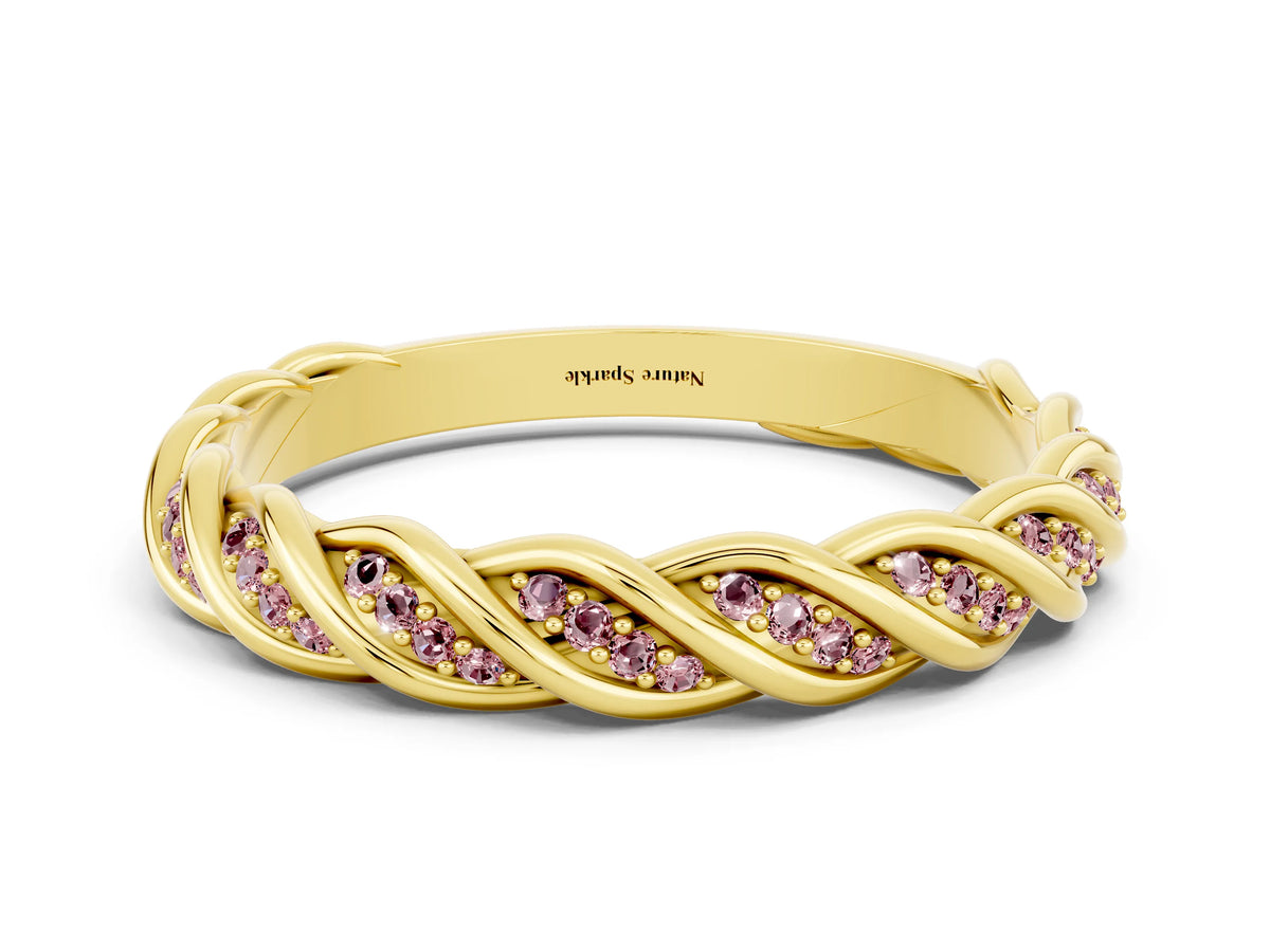 Twisted Pavé Round Morganite Eternity Band in Yellow gold with Shared Prong Setting