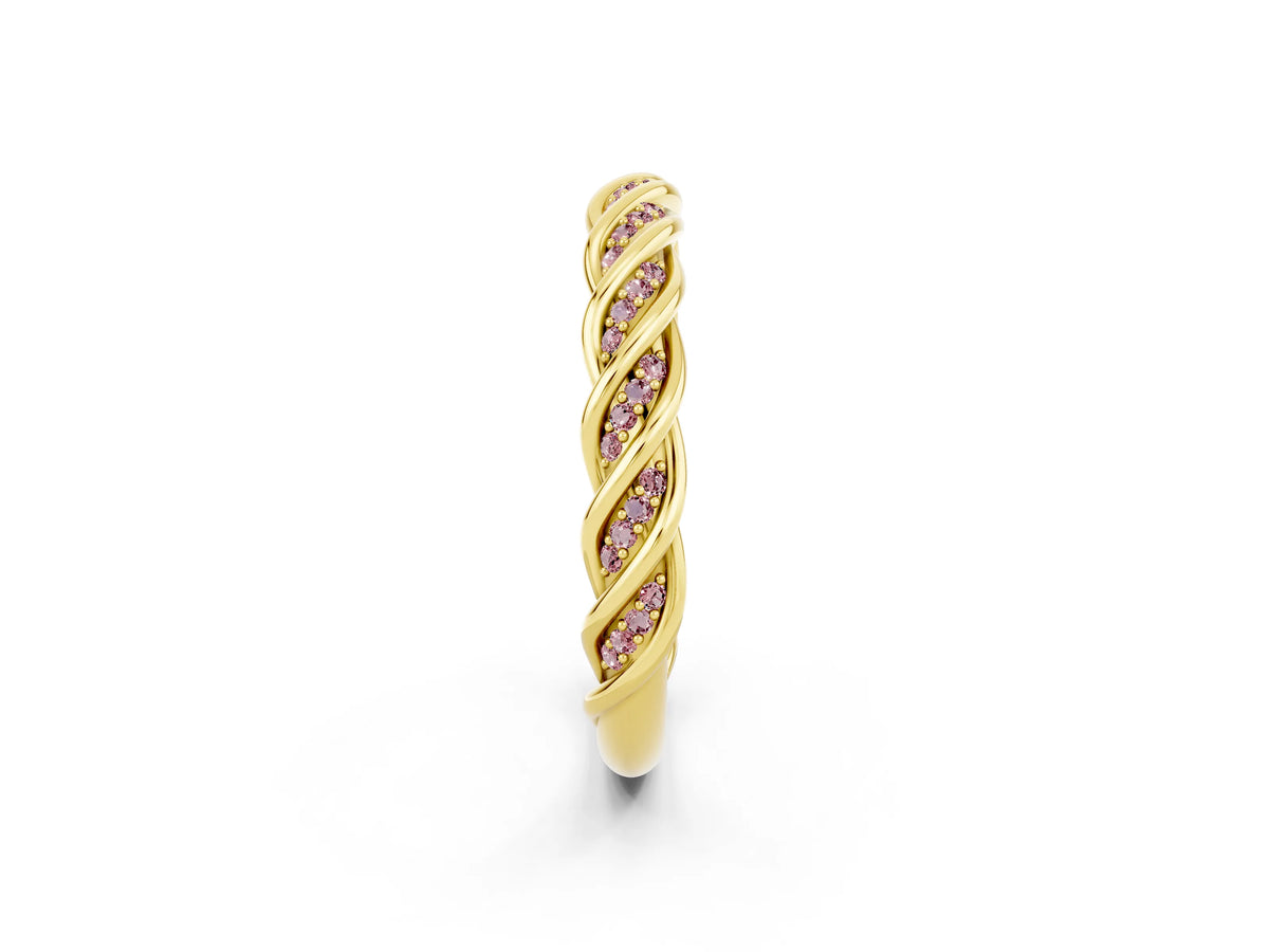 Twisted Pavé Round Morganite Eternity Band in Yellow gold with Shared Prong Setting_2