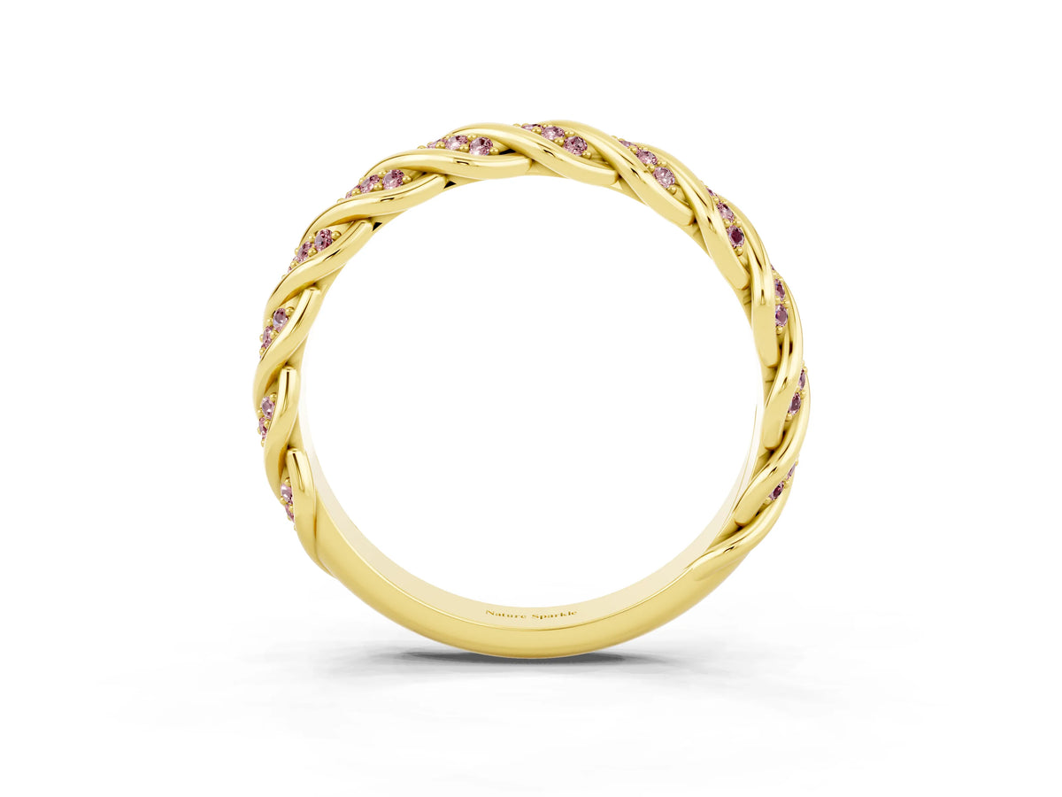 Twisted Pavé Round Morganite Eternity Band in Yellow gold with Shared Prong Setting_3