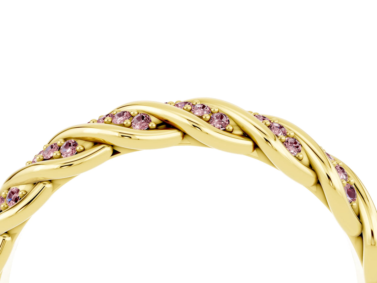 Twisted Pavé Round Morganite Eternity Band in Yellow gold with Shared Prong Setting_4