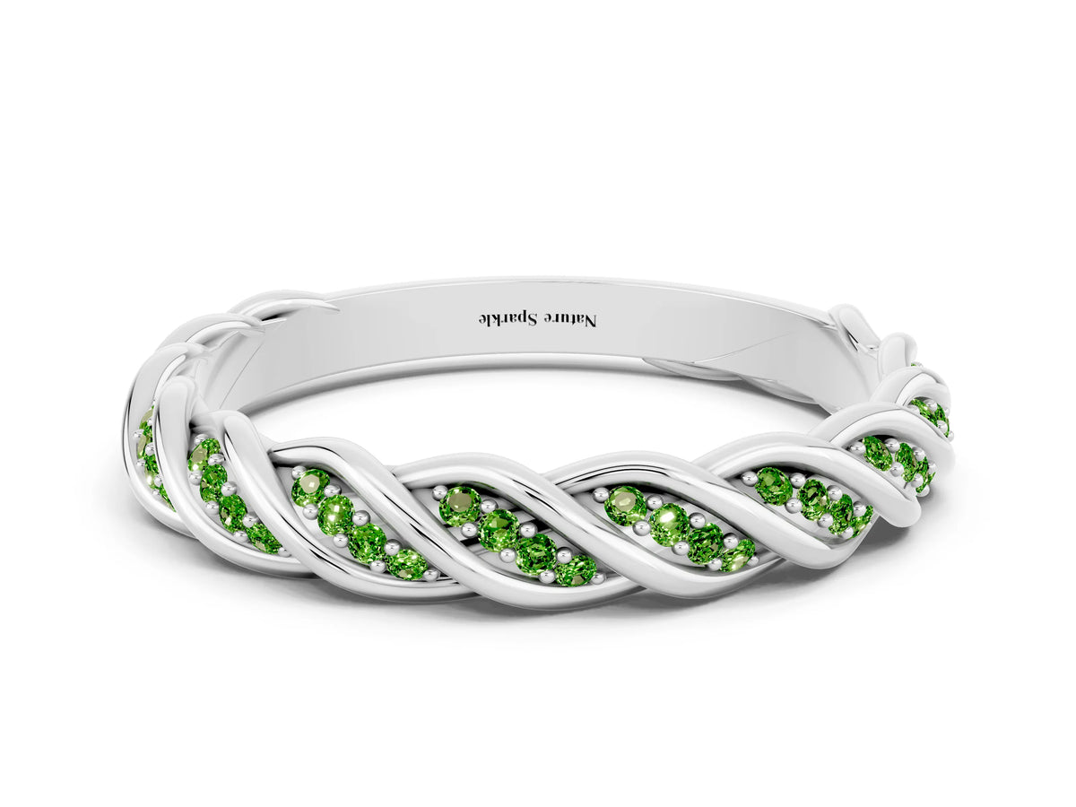 Twisted Pavé Round Peridot Eternity Band in Silver with Shared Prong Setting