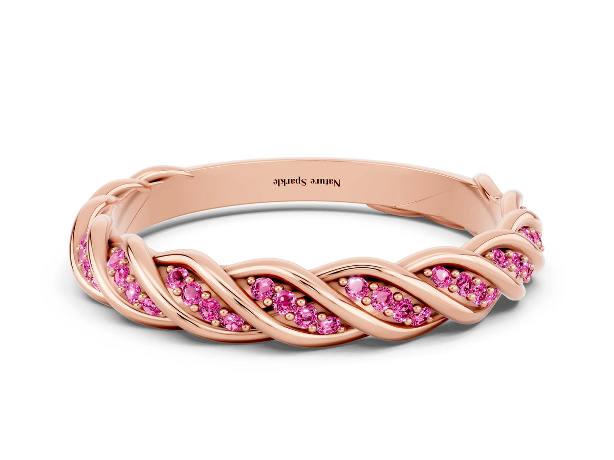 Twisted Pavé Round Pink Sapphire Eternity Band in Rose gold with Shared Prong Setting