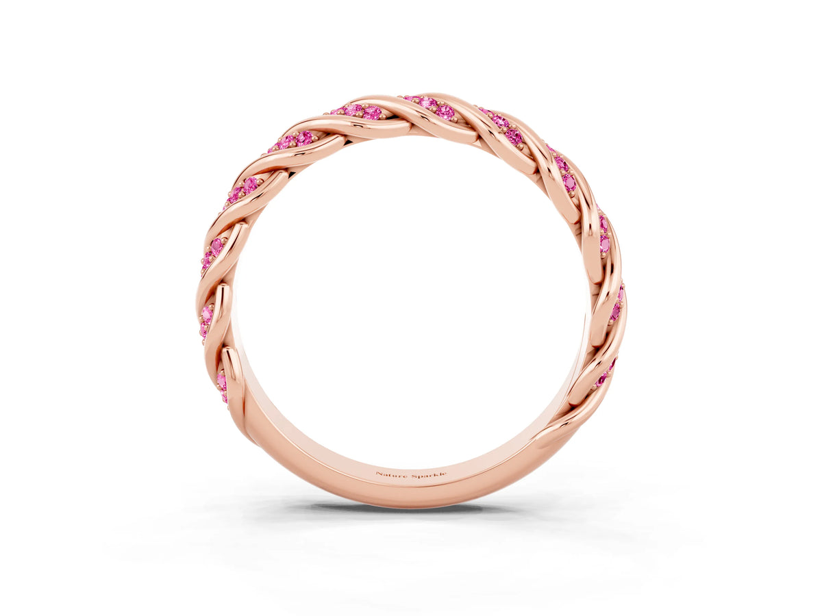 Twisted Pavé Round Pink Sapphire Eternity Band in Rose gold with Shared Prong Setting_3