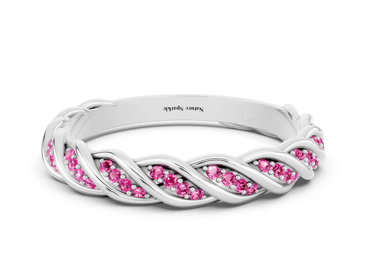 Twisted Pavé Round Pink Sapphire Eternity Band in Silver with Shared Prong Setting