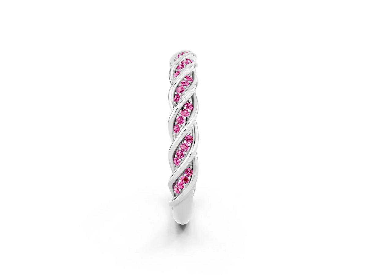 Twisted Pavé Round Pink Sapphire Eternity Band in Silver with Shared Prong Setting_2
