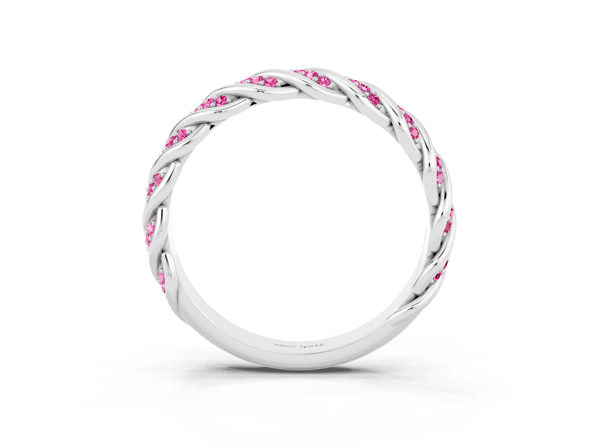 Twisted Pavé Round Pink Sapphire Eternity Band in Silver with Shared Prong Setting_3