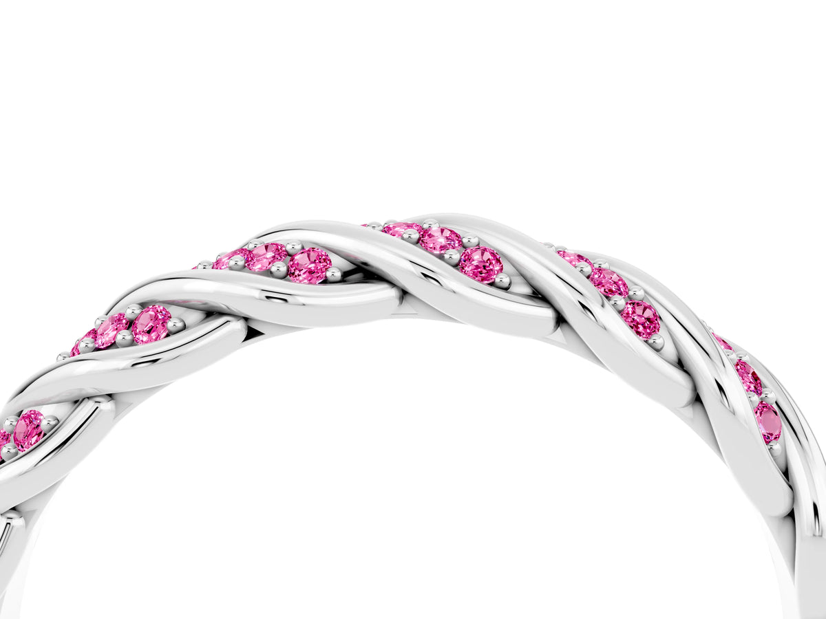 Twisted Pavé Round Pink Sapphire Eternity Band in Silver with Shared Prong Setting_4