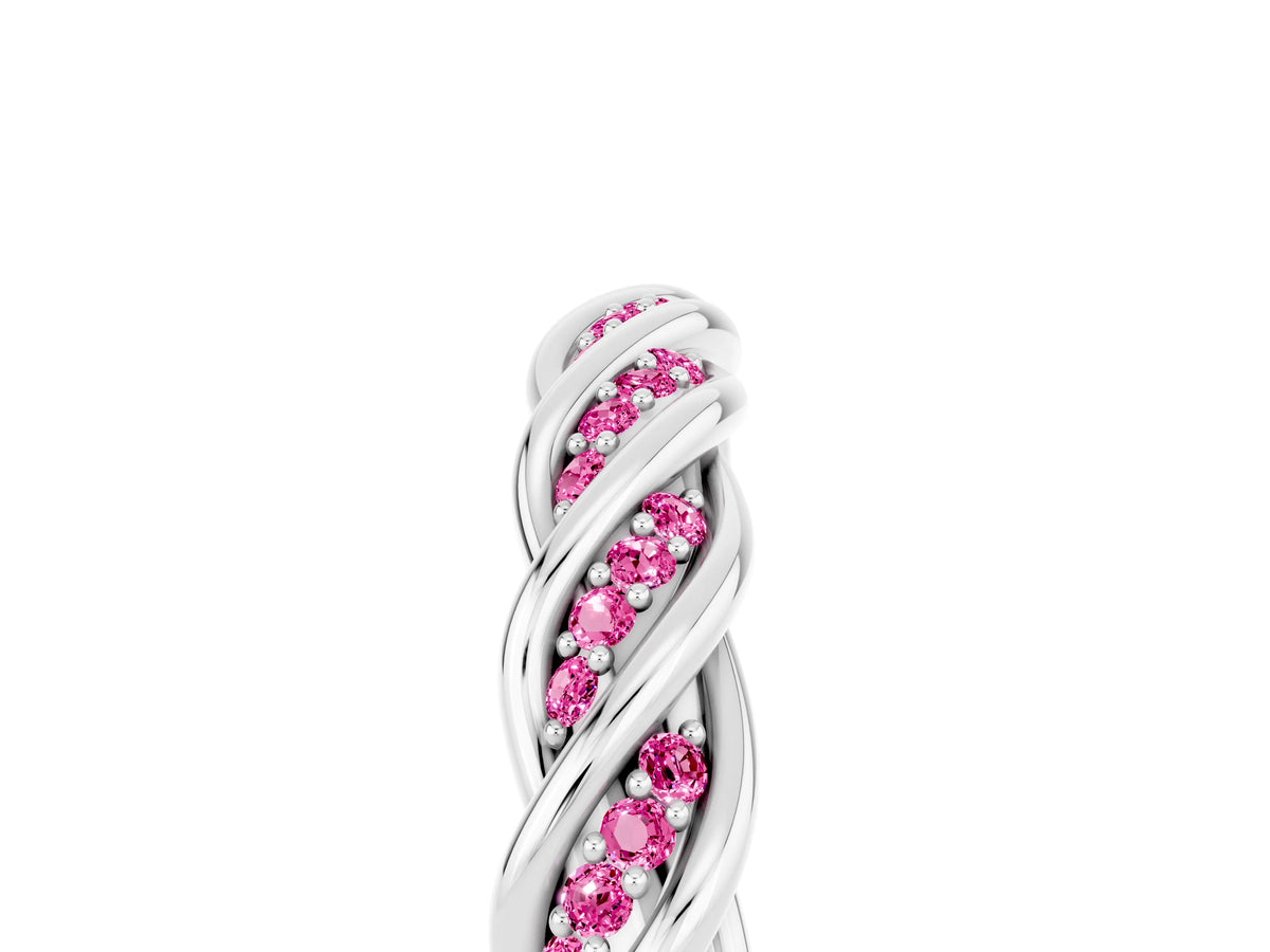 Twisted Pavé Round Pink Sapphire Eternity Band in Silver with Shared Prong Setting_5