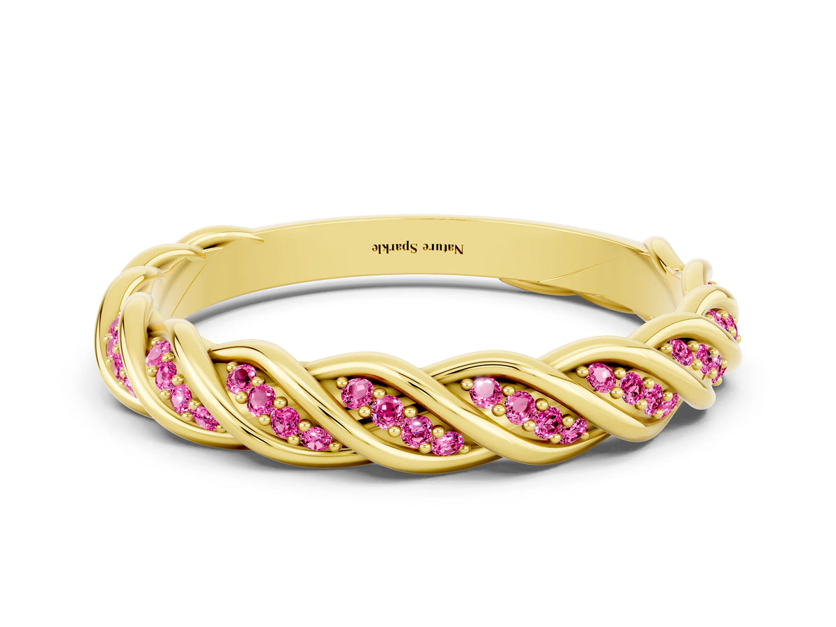 Twisted Pavé Round Pink Sapphire Eternity Band in Yellow gold with Shared Prong Setting