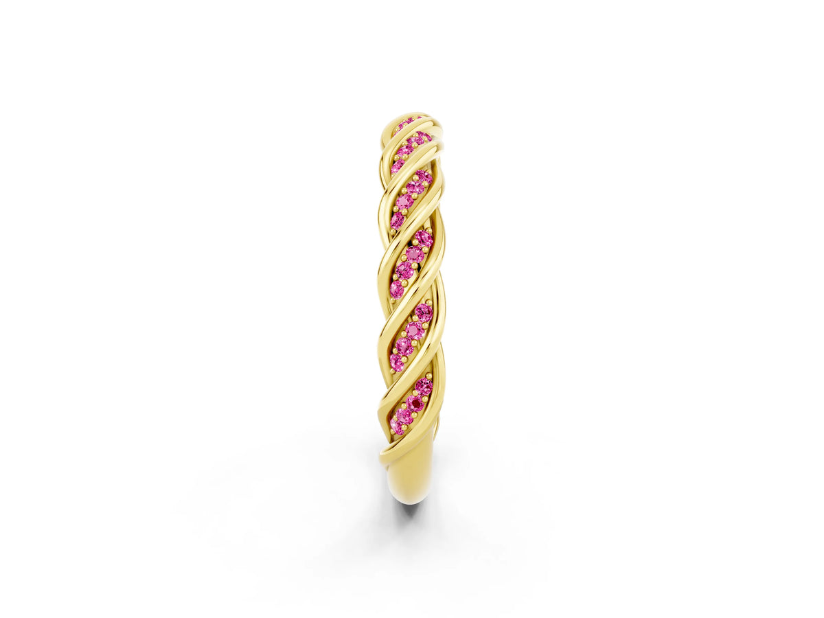 Twisted Pavé Round Pink Sapphire Eternity Band in Yellow gold with Shared Prong Setting_2
